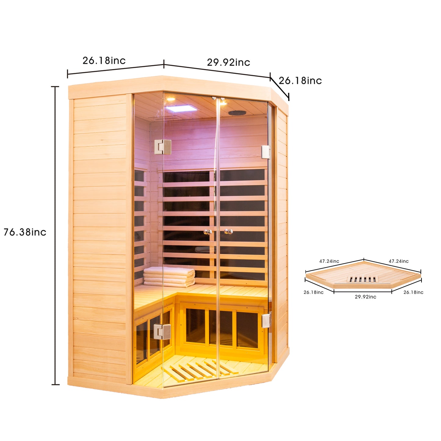 Corner infrared sauna with glass doors and natural wood interior promoting relaxation and detox