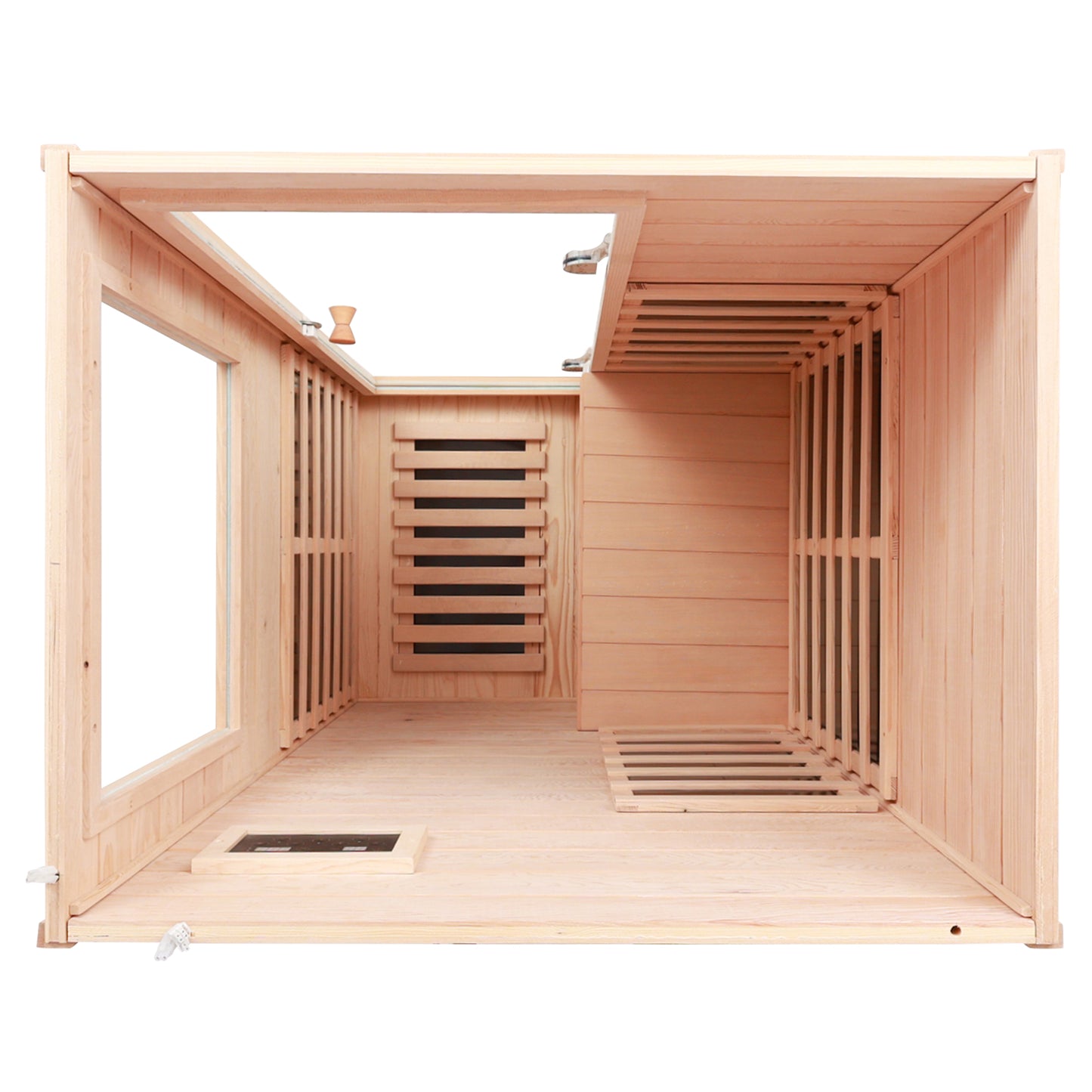 Interior view of a compact wooden infrared sauna with slatted benches and a glass window
