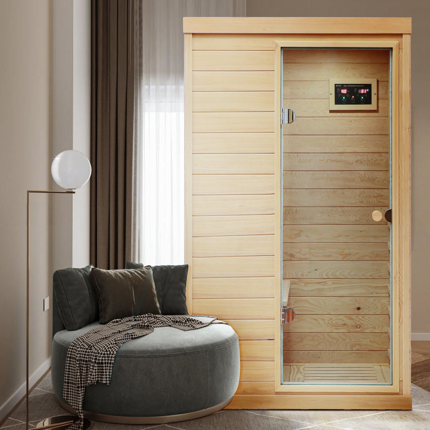 Compact cedar wood infrared sauna with glass door and digital control panel