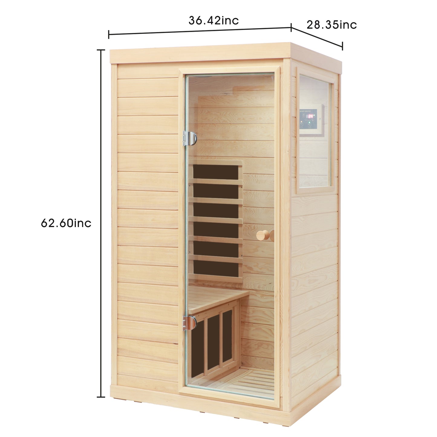 Wooden infrared sauna cabin with glass door and digital control panel