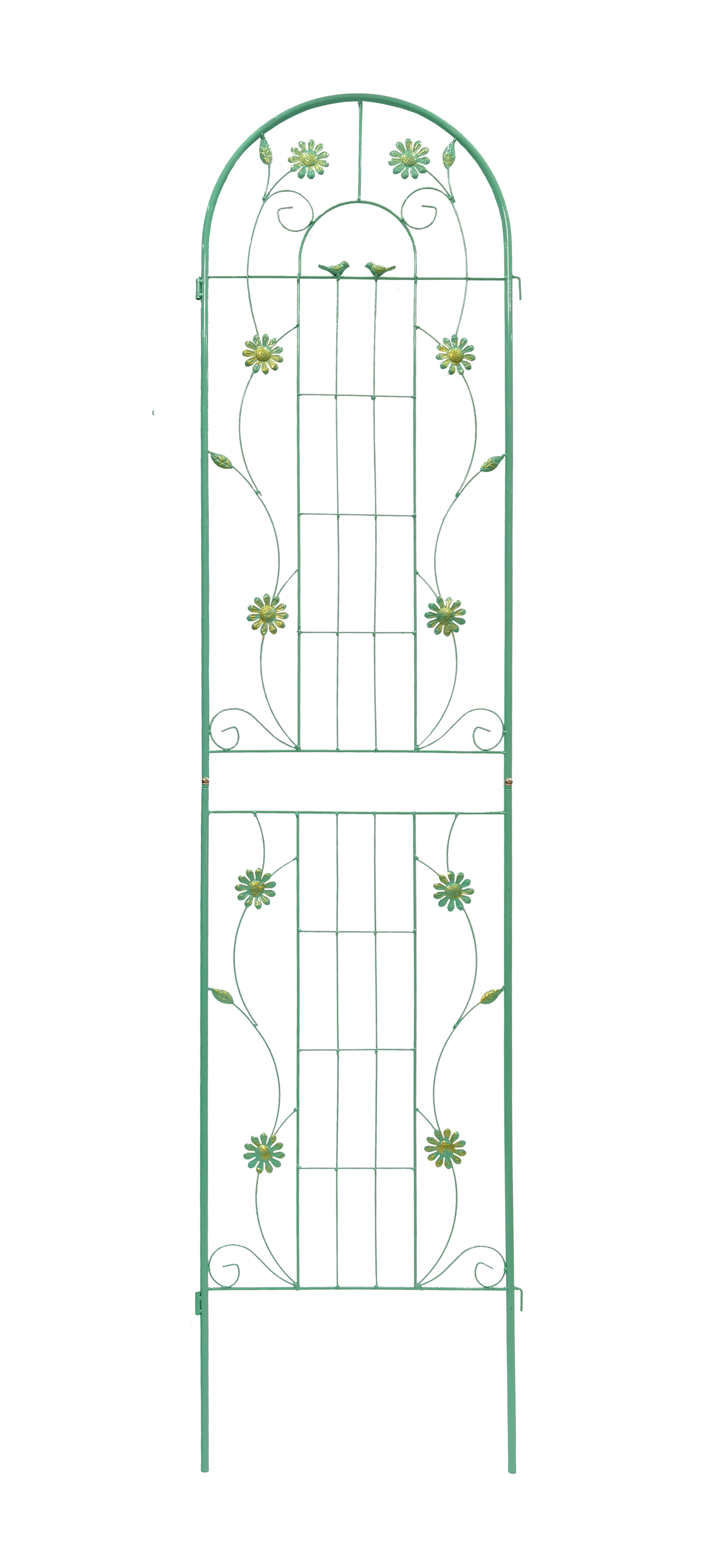 Green metal garden gate with floral and bird ornaments