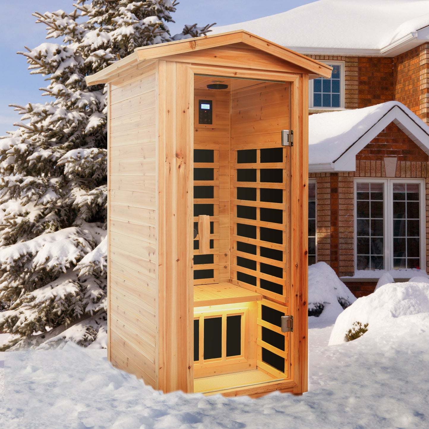 Wooden outdoor sauna cabin with glass door and control panel set against a snowy backdrop