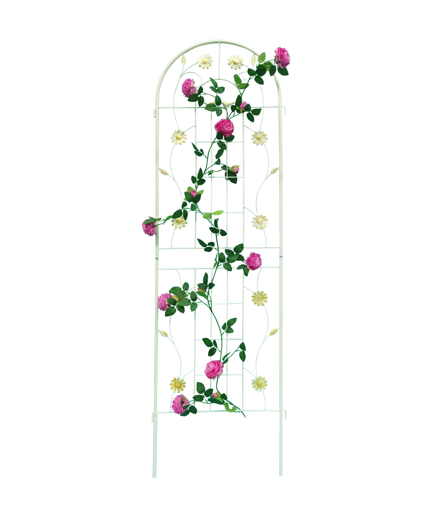 White metal garden arch trellis adorned with pink roses and yellow daisies