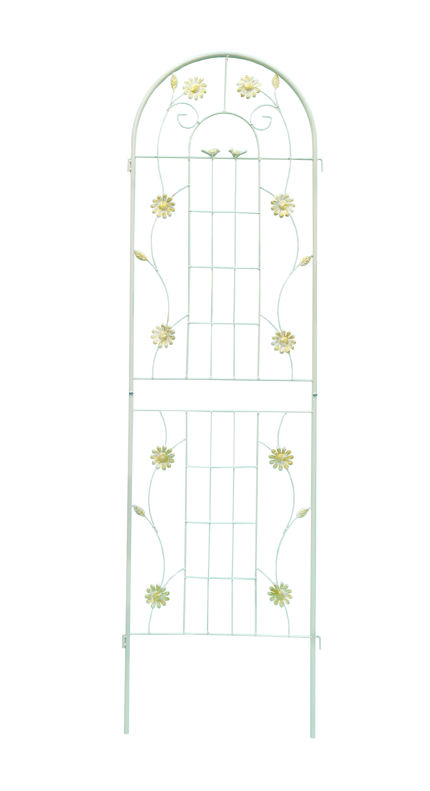 White metal garden trellis with floral and bird details perfect for climbing plants