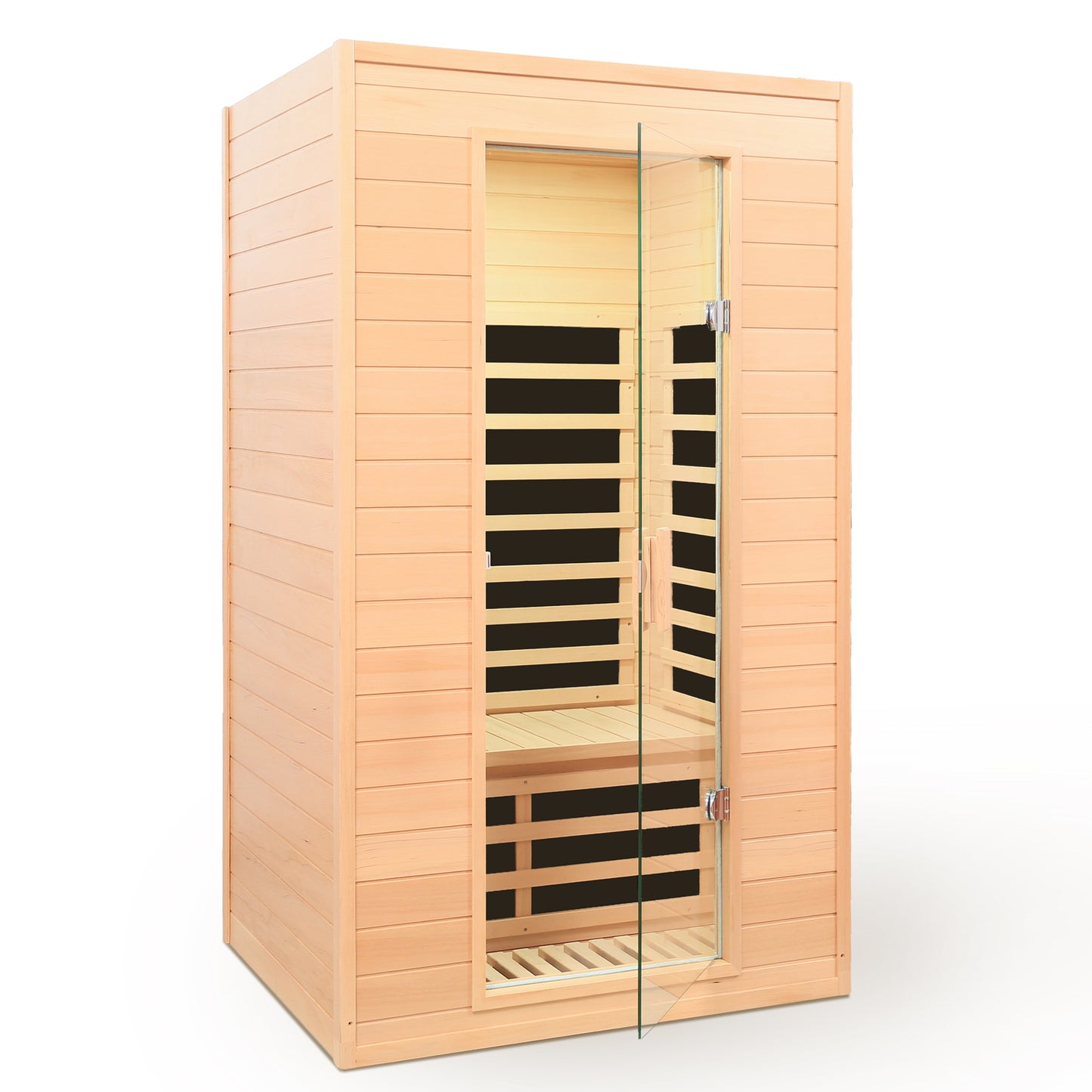Light wood infrared sauna with clear glass door featuring horizontal paneling and internal heating elements