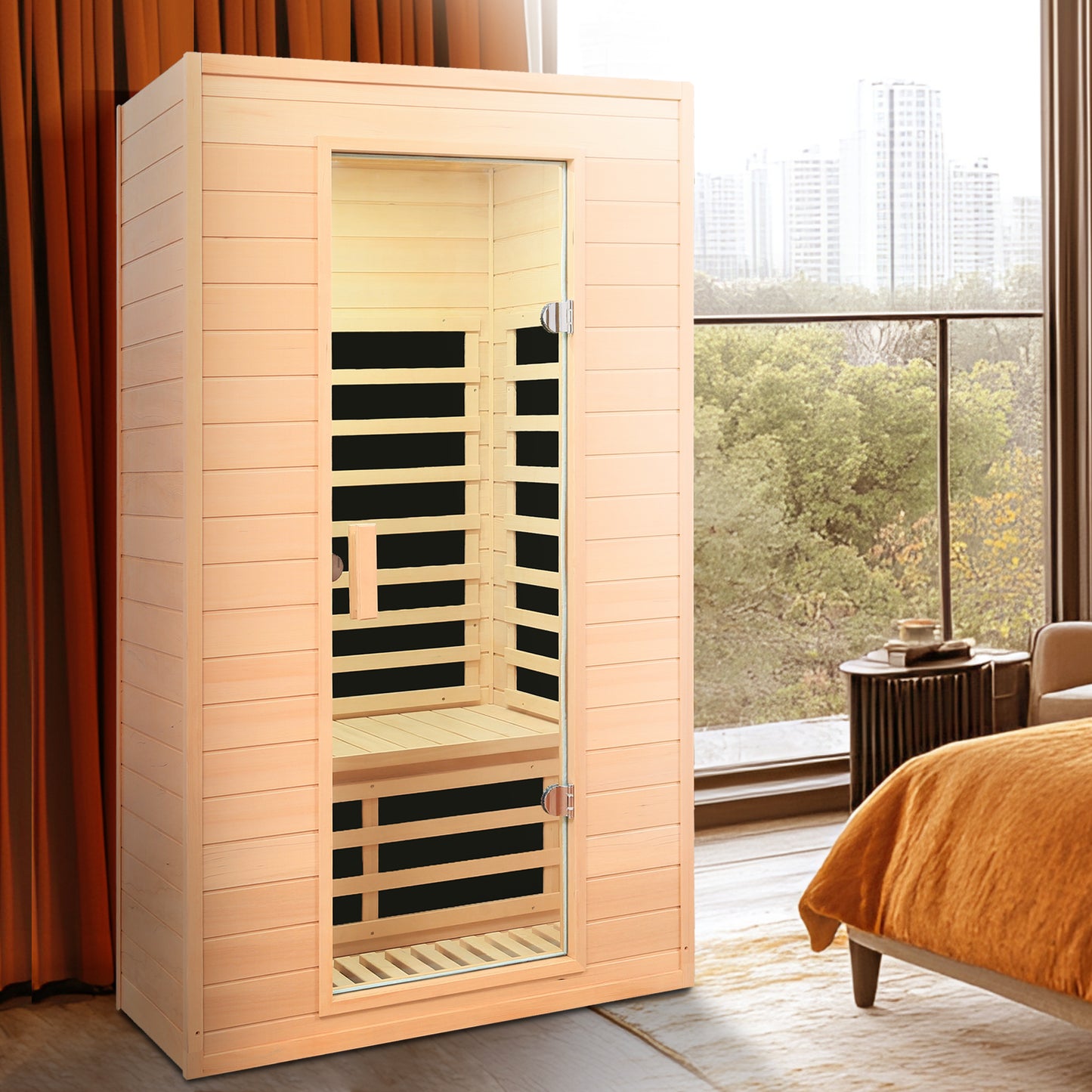 Natural wood infrared sauna cabin with glass door and integrated seating for relaxation