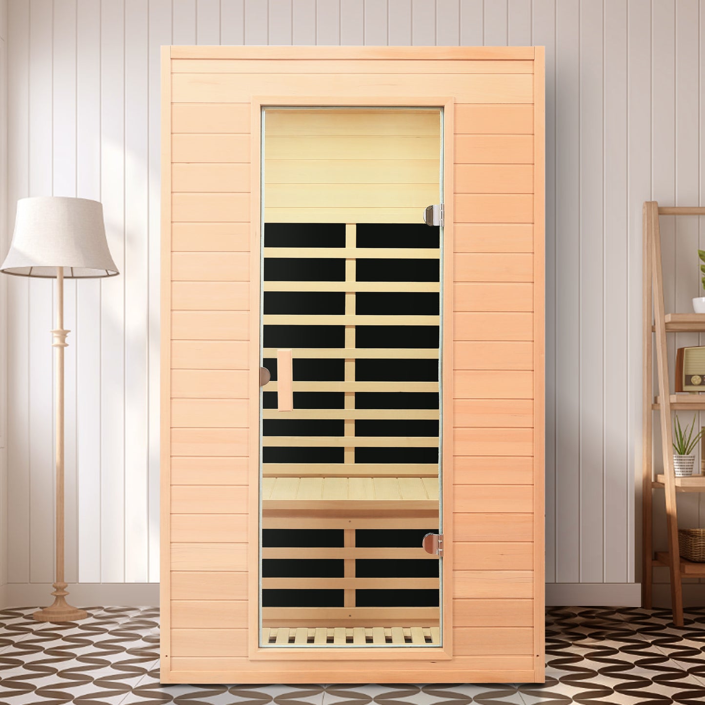 Modern person infrared sauna with glass door and wooden interior