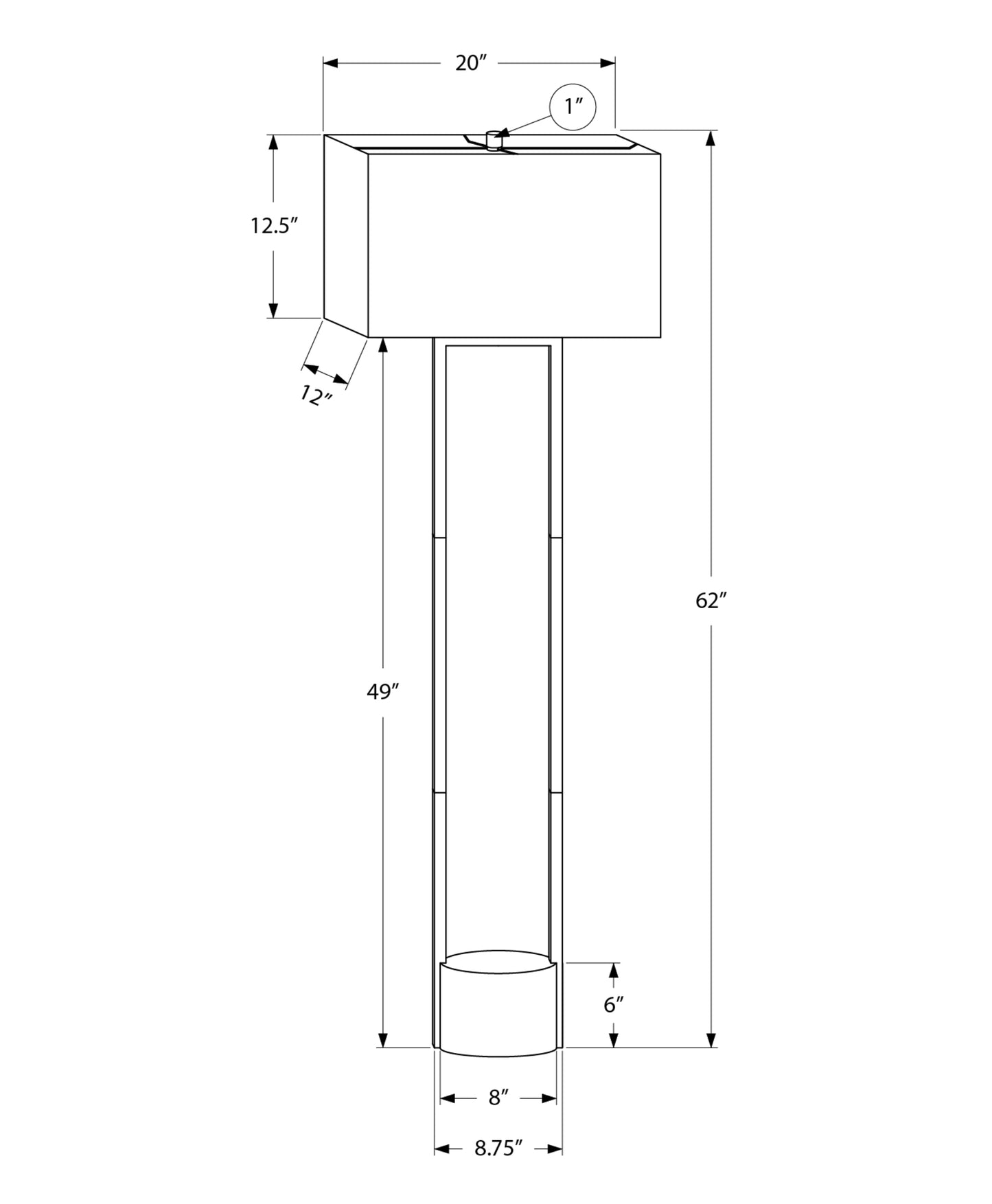 Technical drawing of a rectangular table lamp with measurements inch width and inch height