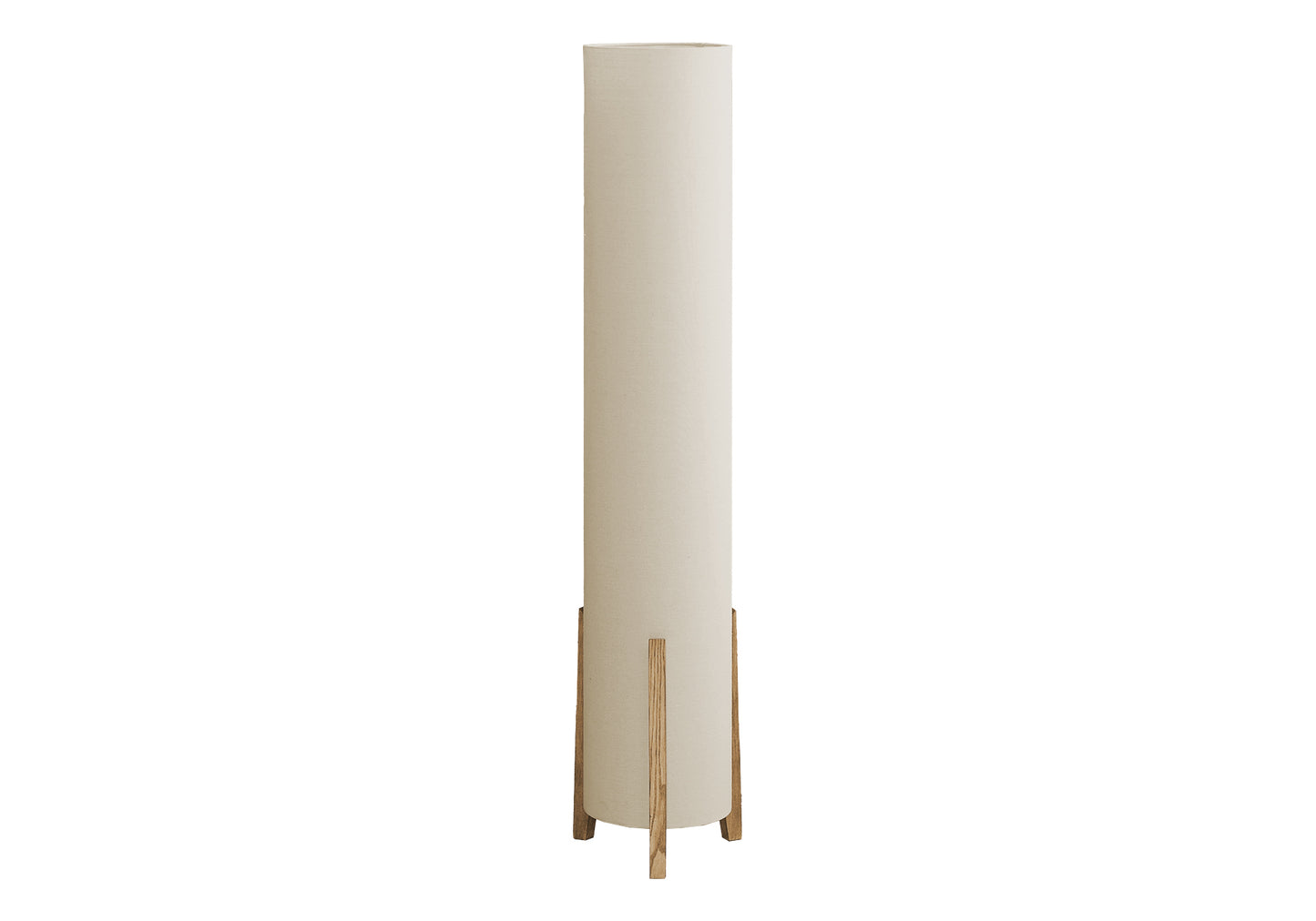 Tall cream fabric floor lamp with a minimalist wooden tripod base ideal for ambient lighting