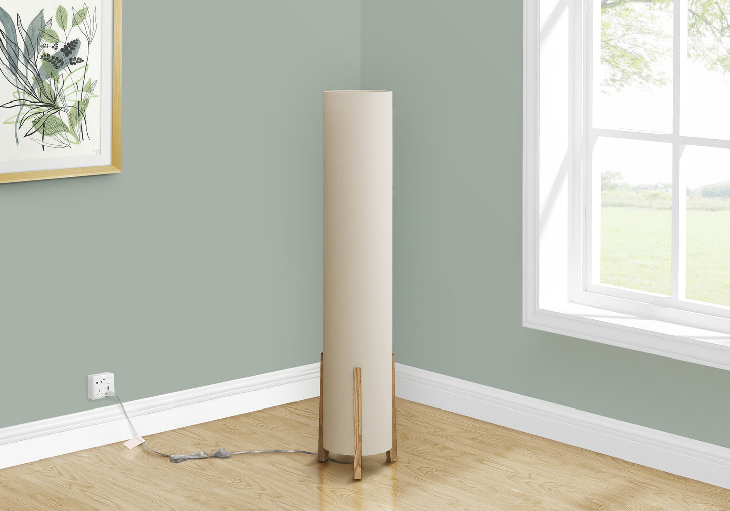 Tall cylindrical floor lamp with a beige fabric shade and natural wood tripod base ideal for ambient lighting