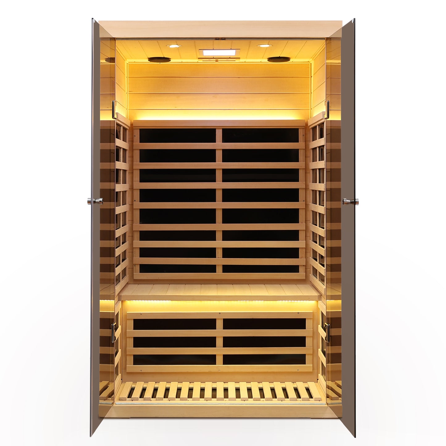 Interior view of a modern infrared sauna cabin with natural wood paneling and glass doors