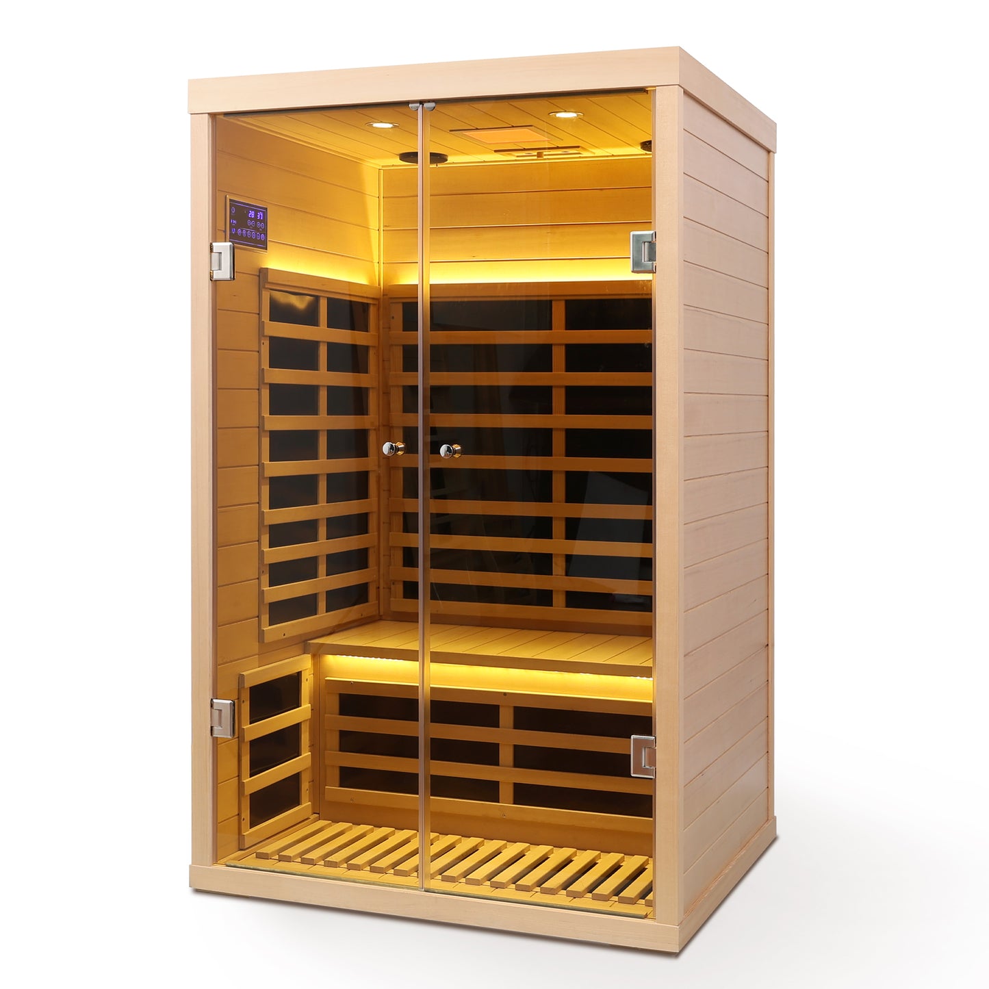 Modern infrared sauna cabin with glass doors wood interior and LED lighting for relaxation