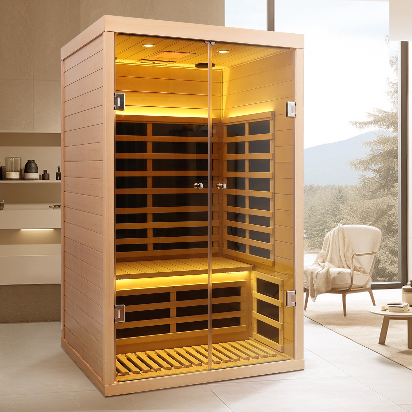 Luxurious person infrared sauna crafted from natural hemlock wood featuring LED lighting