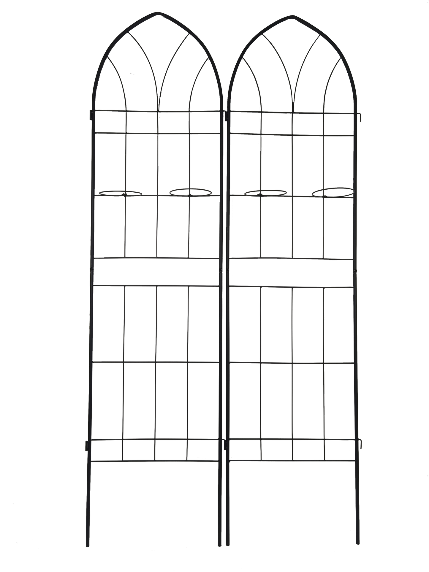 Black metal garden trellis with arched top and multiple horizontal supports for climbing plants