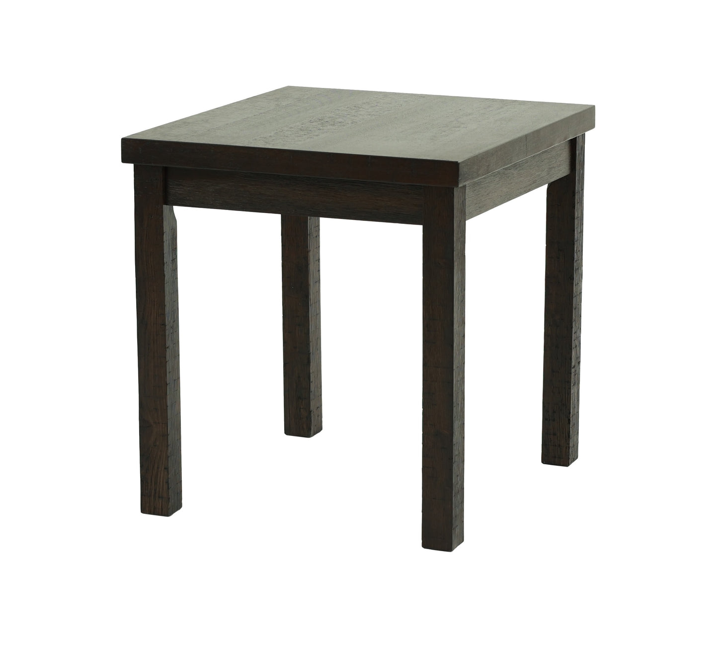 Dark wood square end table with a textured top and thick legs
