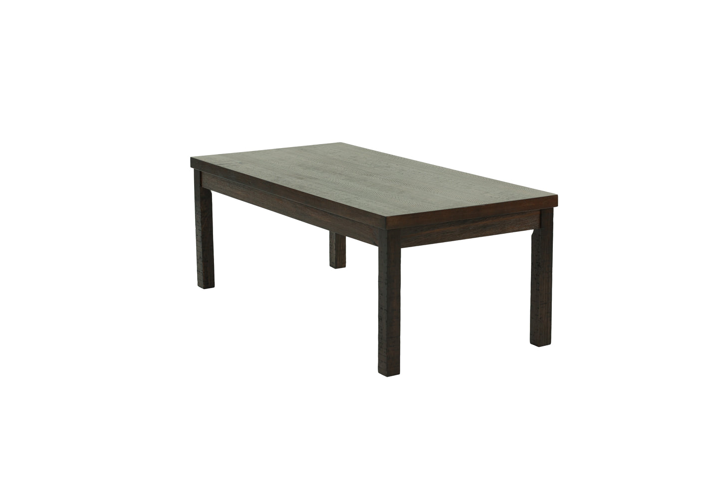 Dark brown wooden dining bench with textured tabletop and sturdy legs