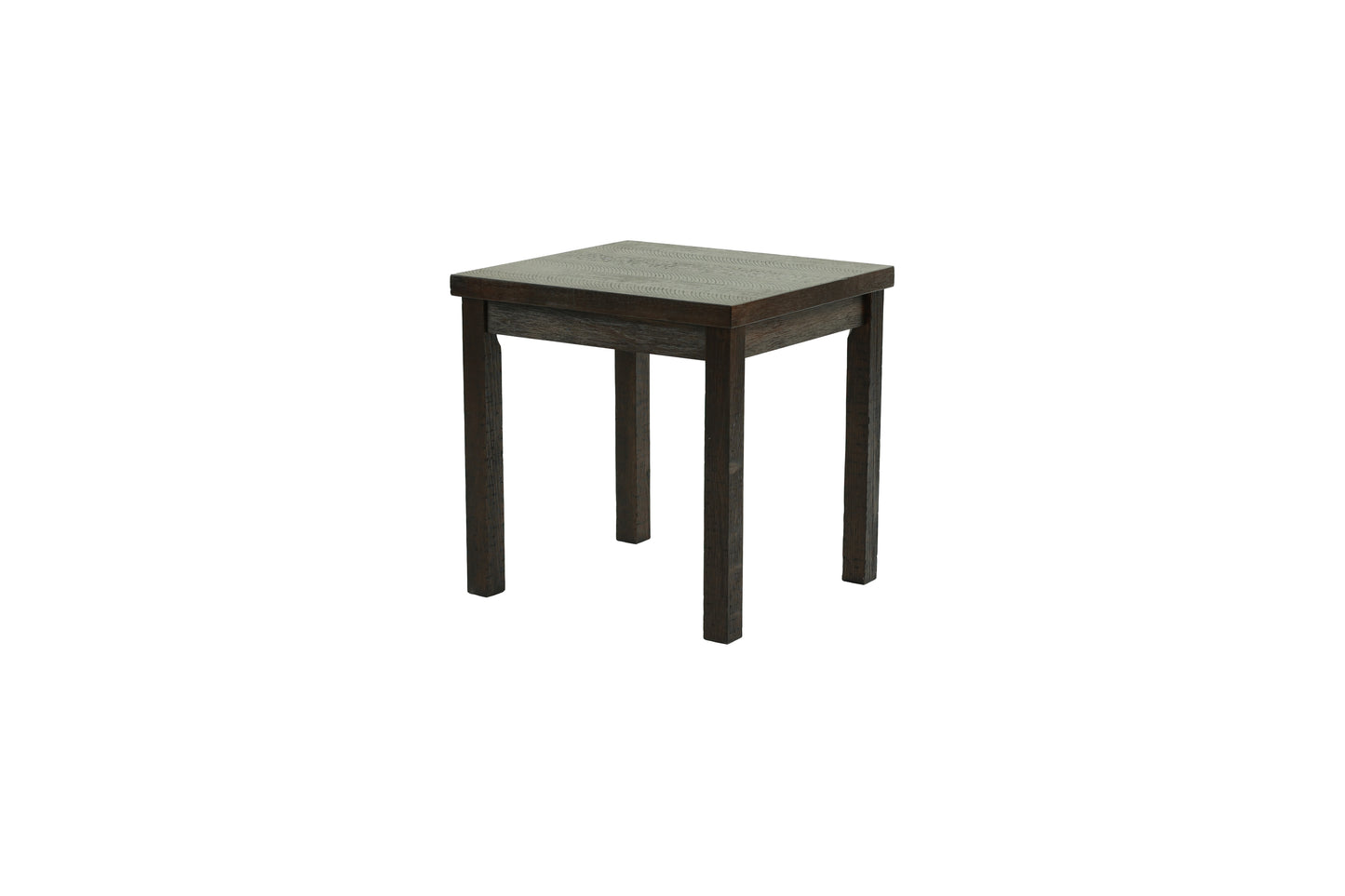 Dark oak end table with textured surface and four tapered legs