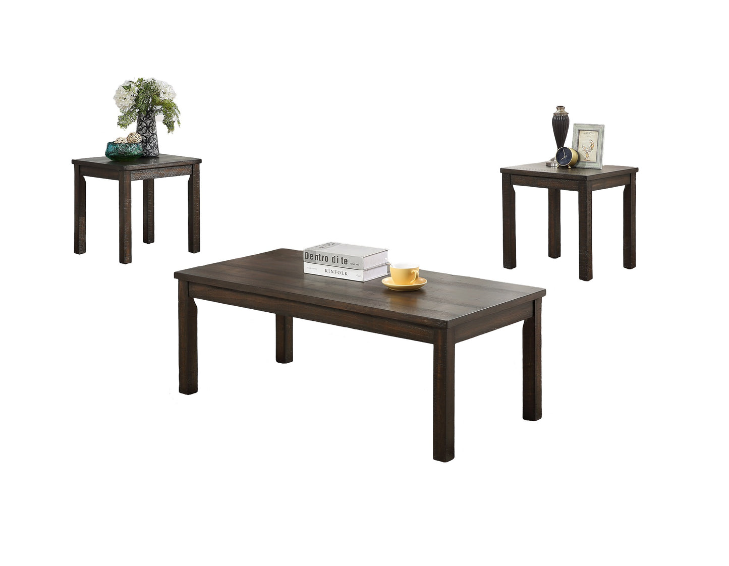 Dark wood coffee table with stacked books and yellow teacup perfect for living rooms