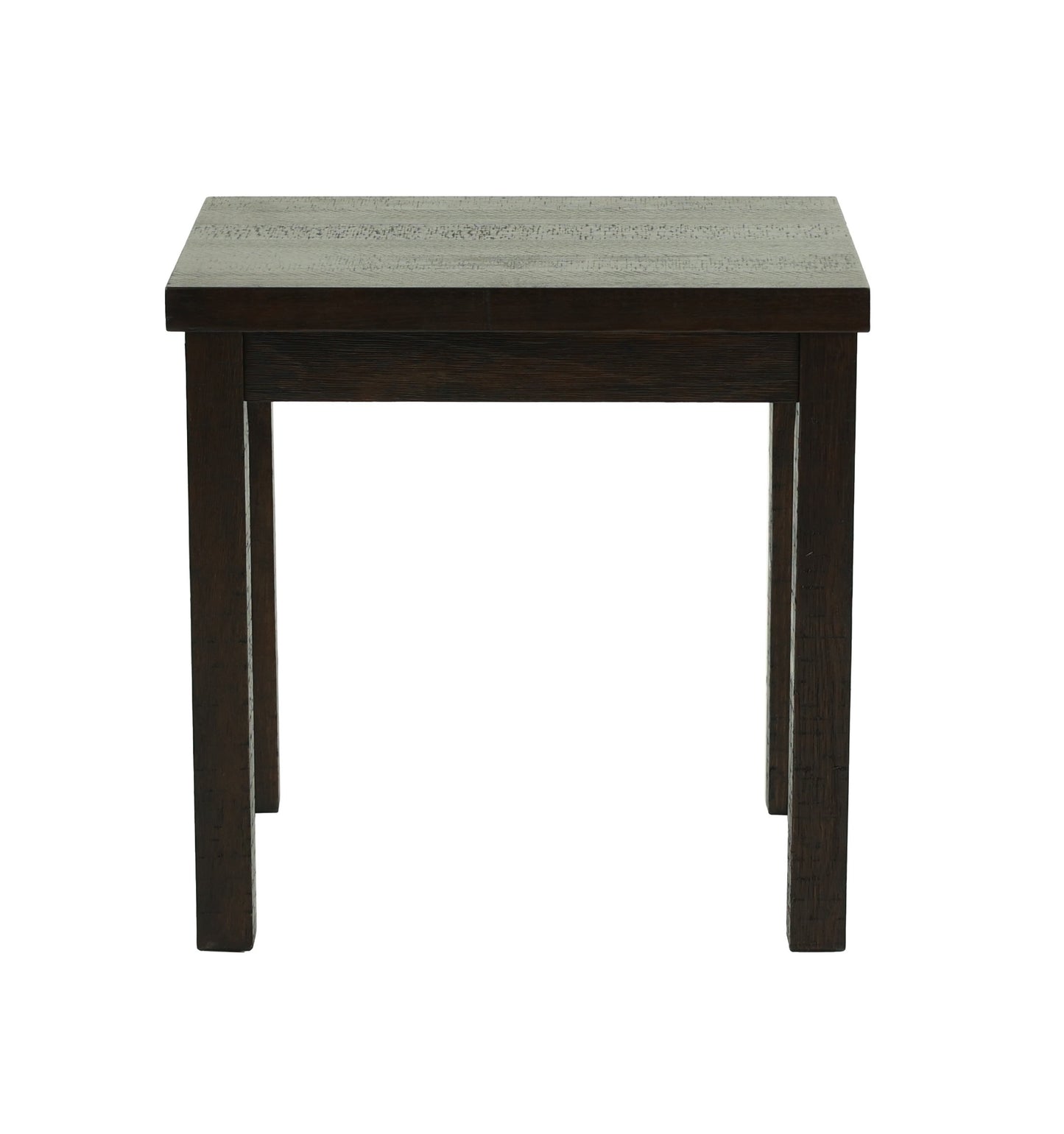 Dark oak end table with a textured tabletop and four sturdy legs