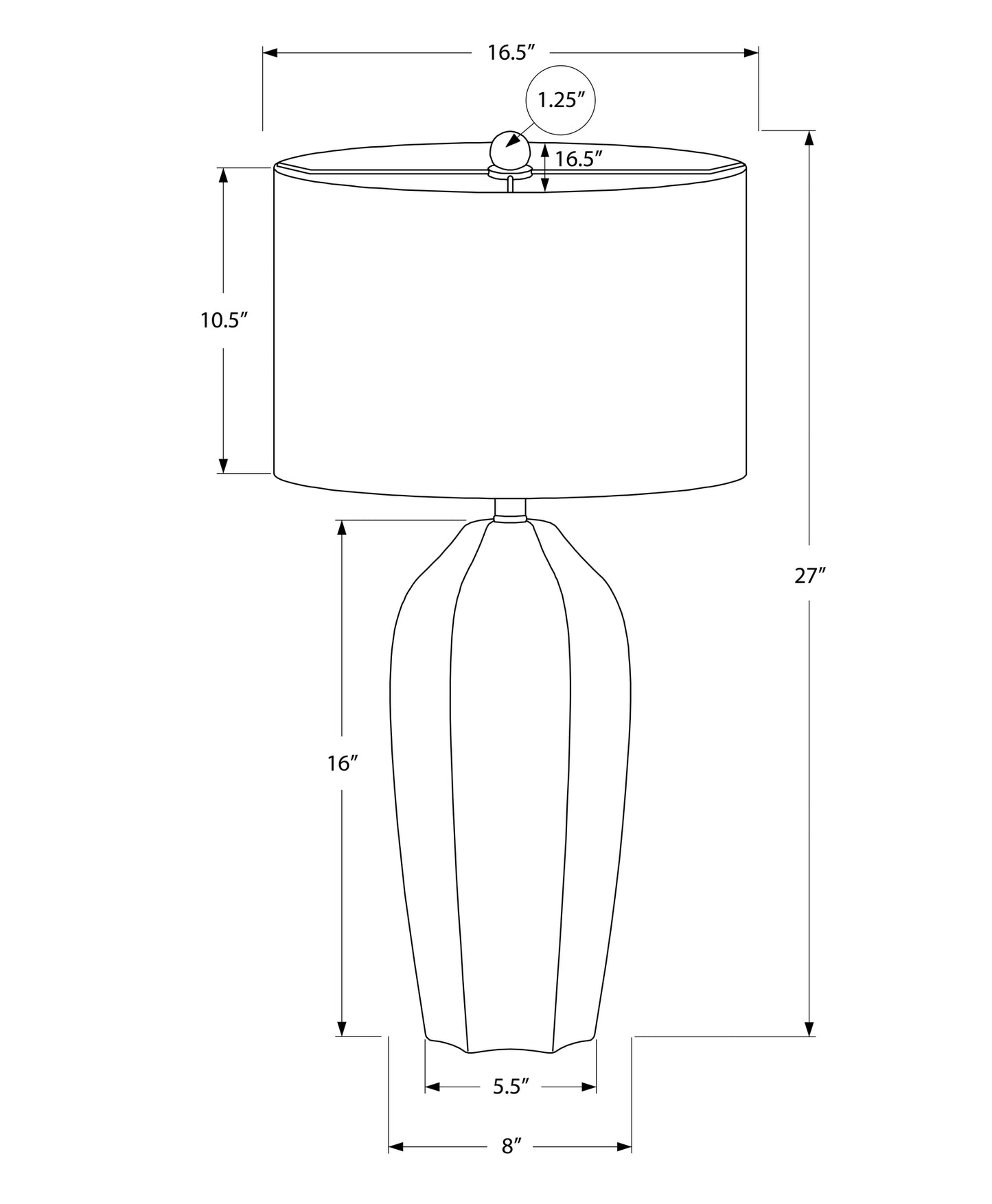 Diagram showing a inch tall ribbed ceramic table lamp with a inch diameter drum shade