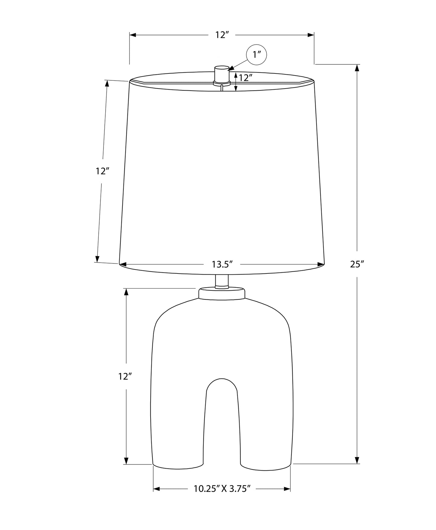 Line drawing of a inch modern table lamp with curved base