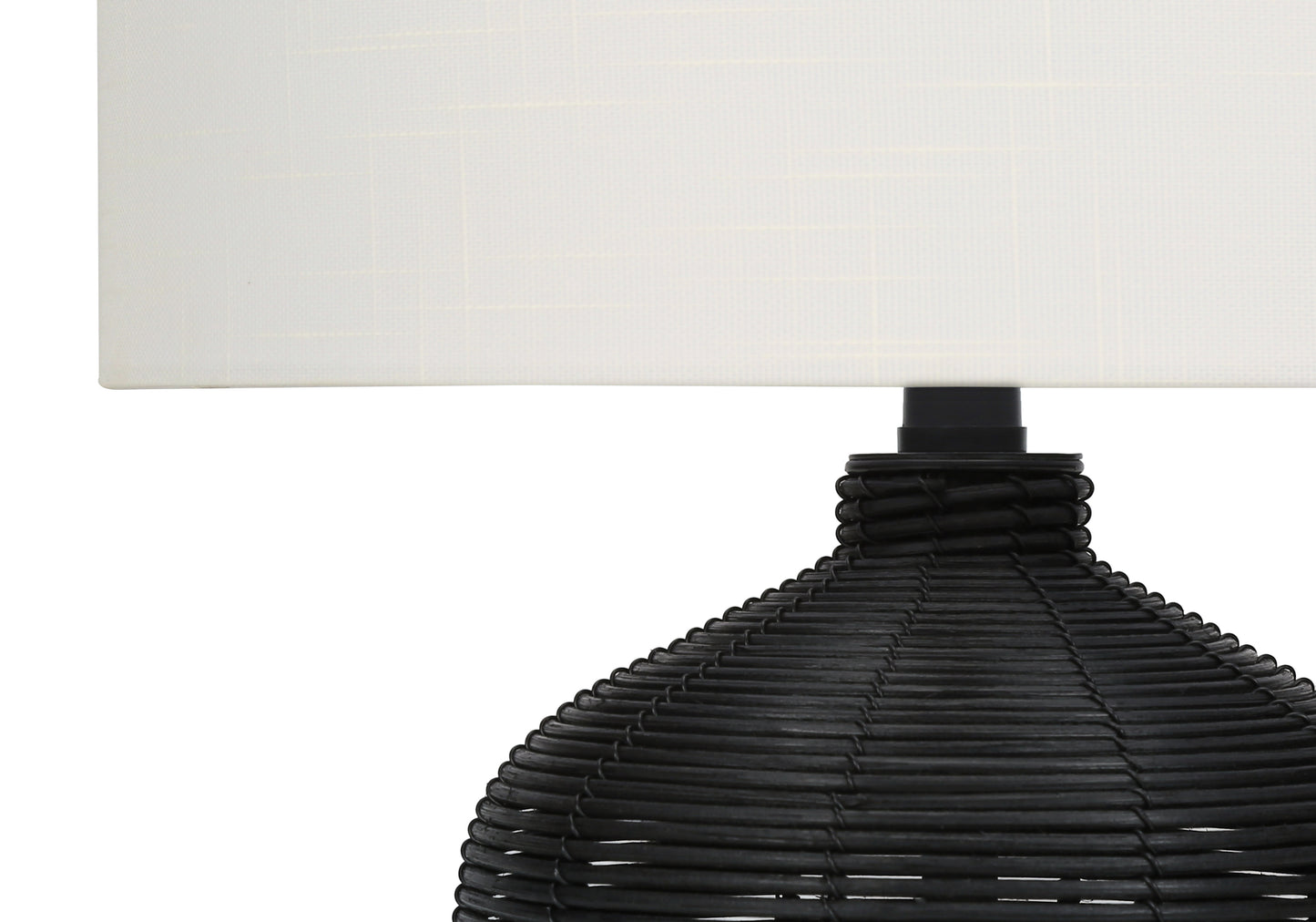 Black woven wicker table lamp with a natural linen rectangular shade