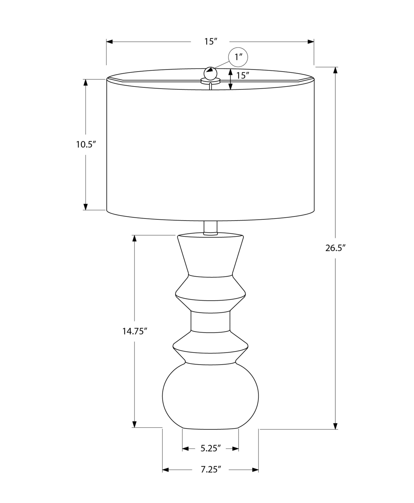 Line drawing of a modern table lamp with a white drum shade and a stacked hourglassshaped base tall
