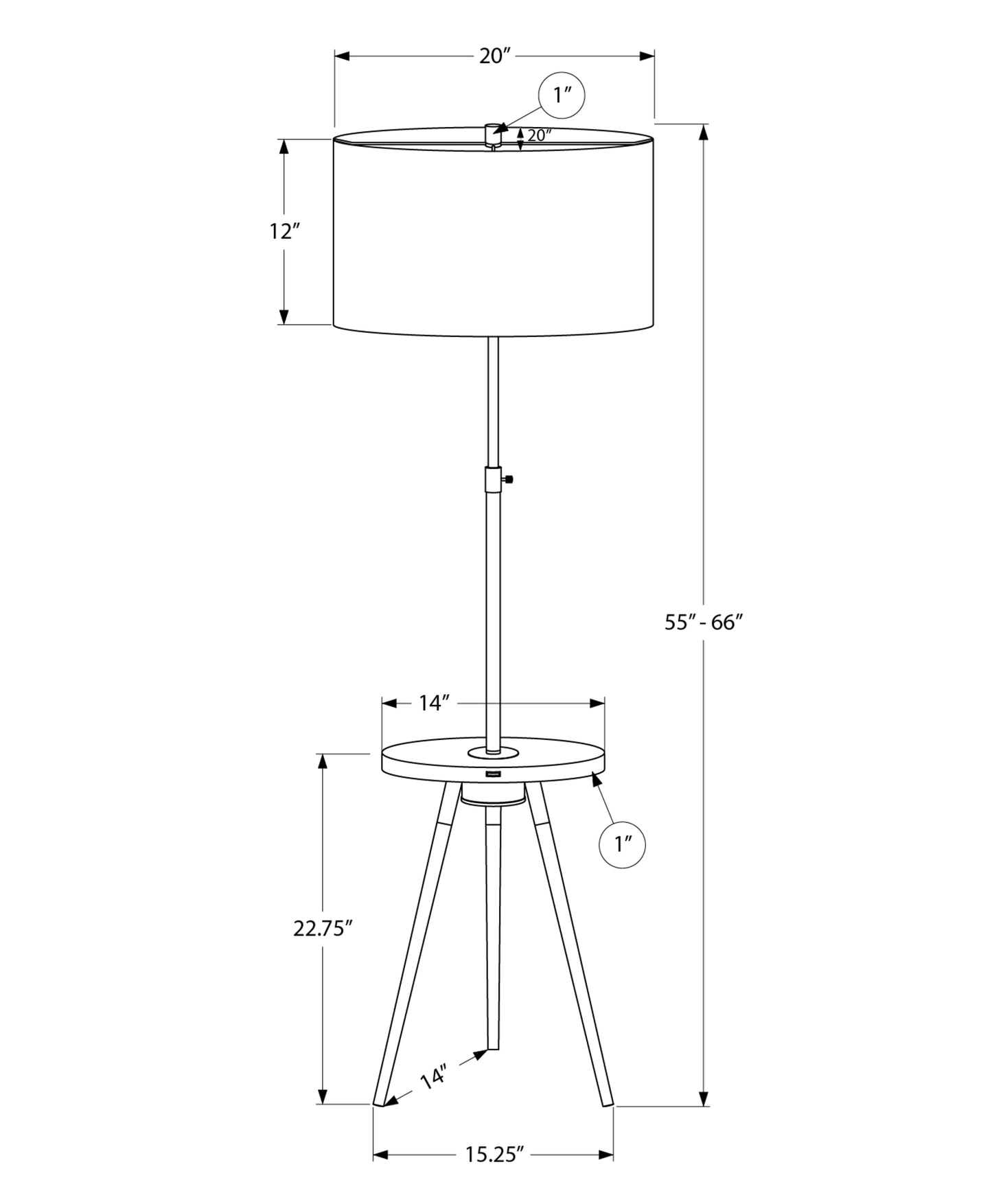 Adjustable floor lamp with integrated inch side table and inch drum shade