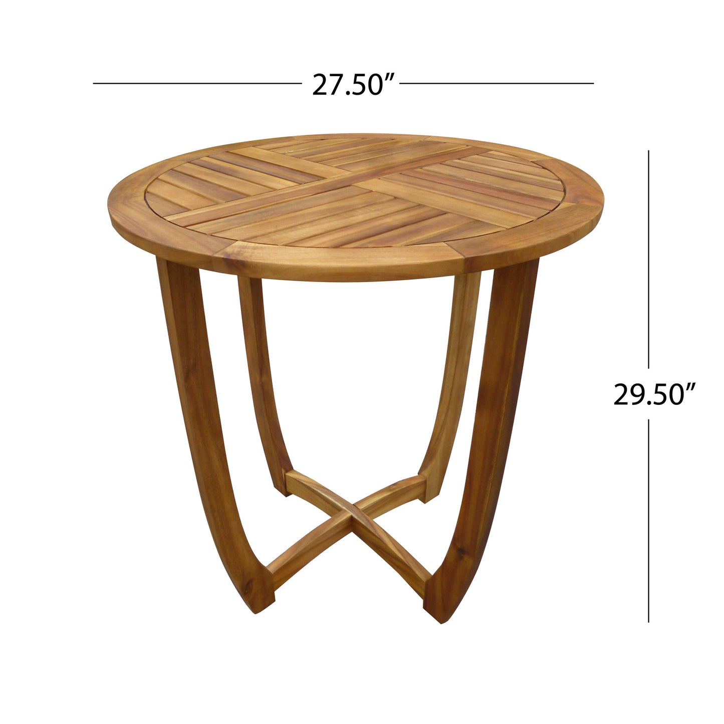 Round wooden patio table with slatted top and curved legs