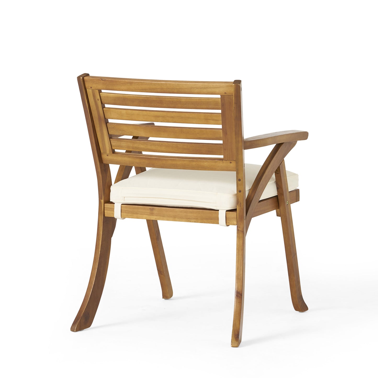 Wooden outdoor dining chair with slatted back and cream cushion