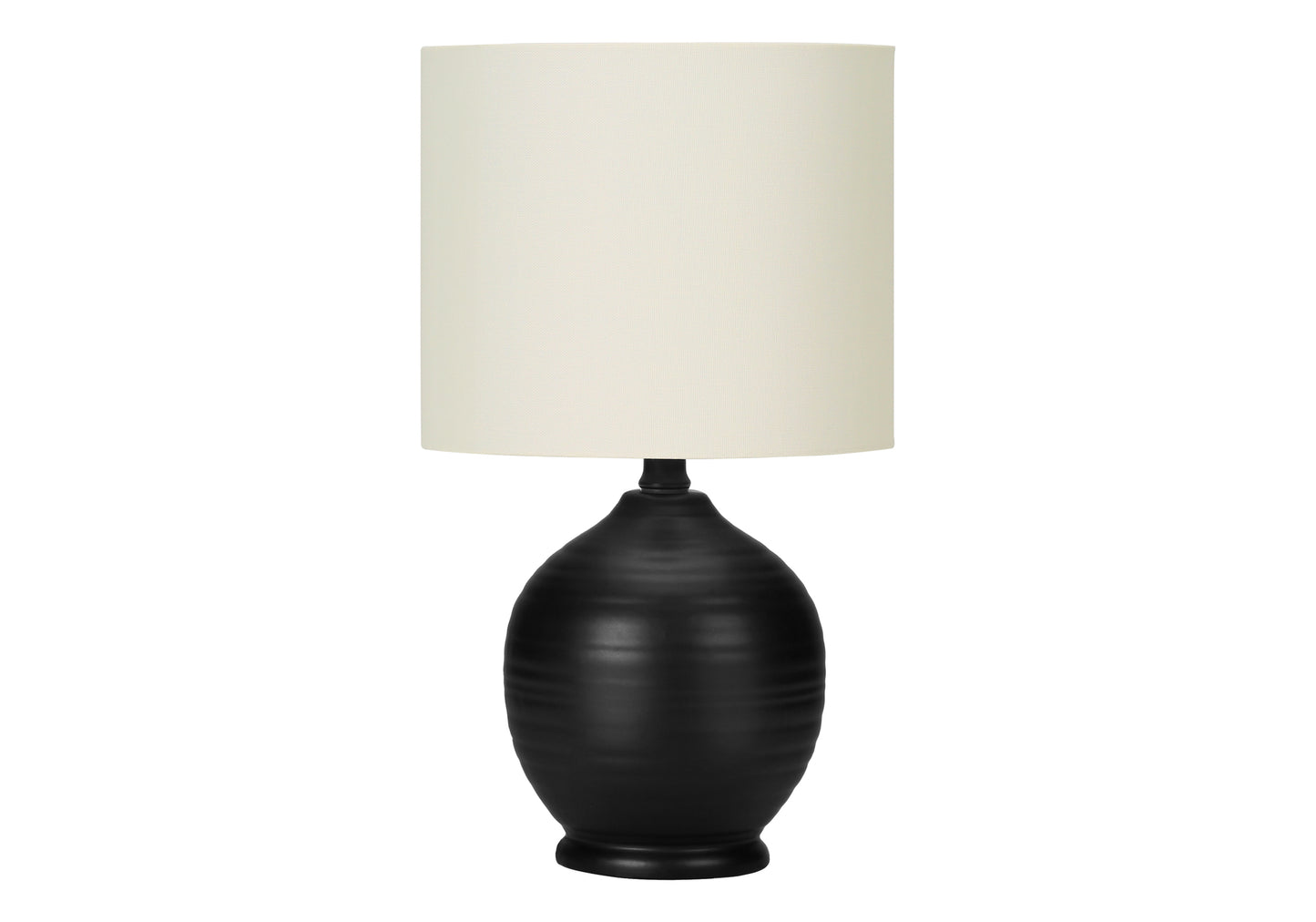 Black ceramic table lamp with textured base and cream linen shade