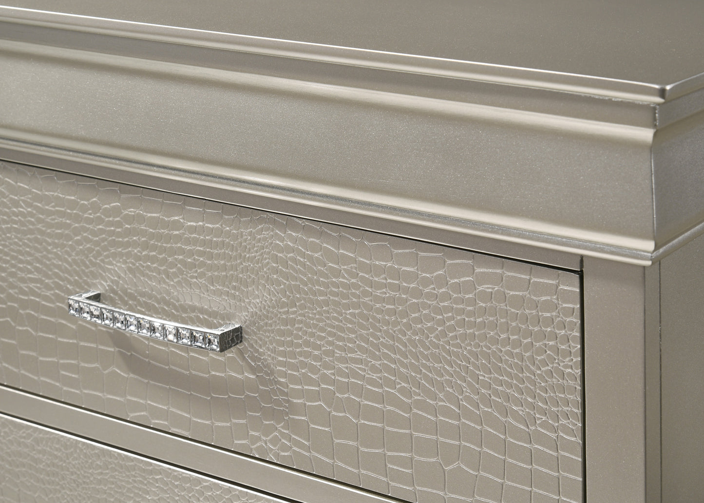 Glam dresser drawer with crystal handle and textured crocodile finish in champagne