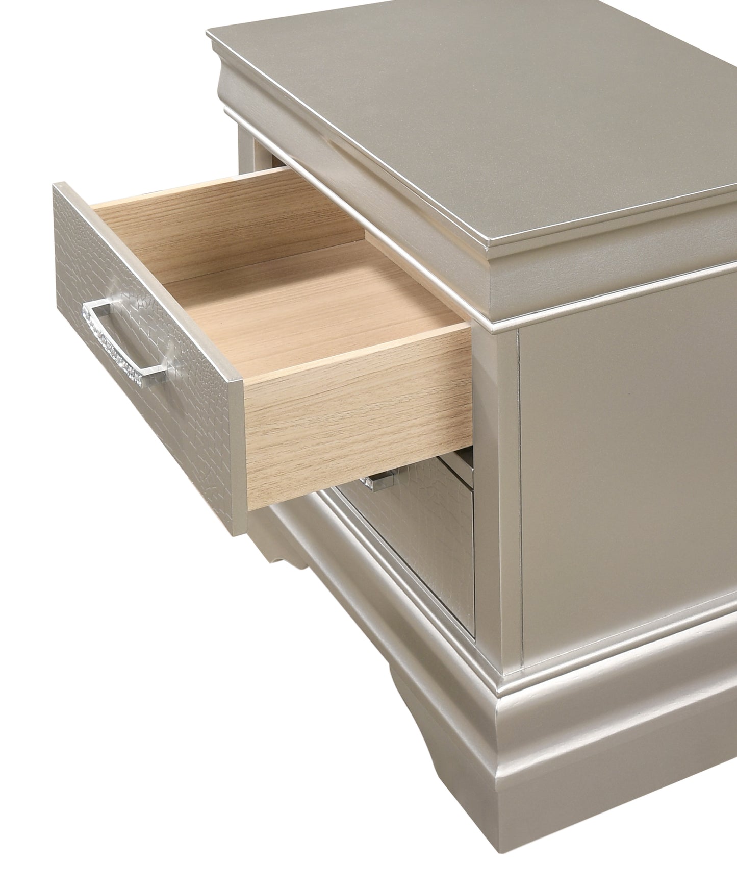Silver bedside table with textured drawer front and crystal knob