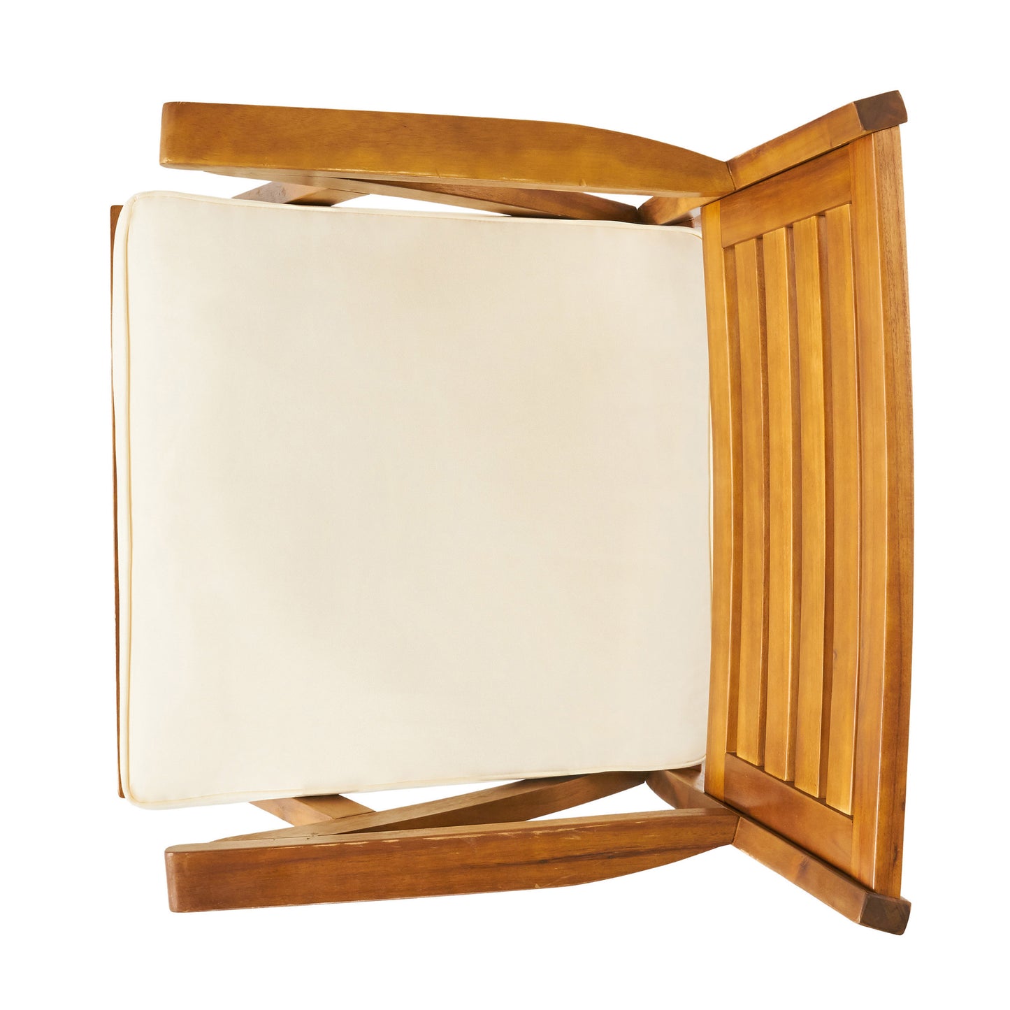 Top view of a wooden Adirondack chair with a cream cushion perfect for patio relaxation