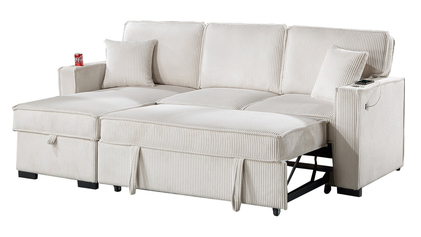 Cream corduroy sectional sofa with pullout bed and integrated USB charging ports