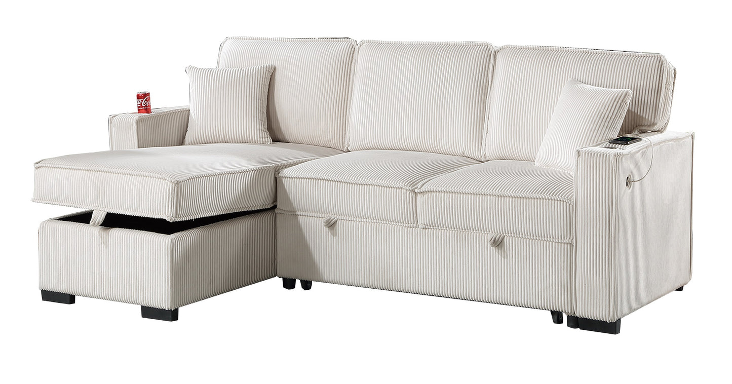 Cream corduroy sectional sofa with storage chaise and builtin phone charger