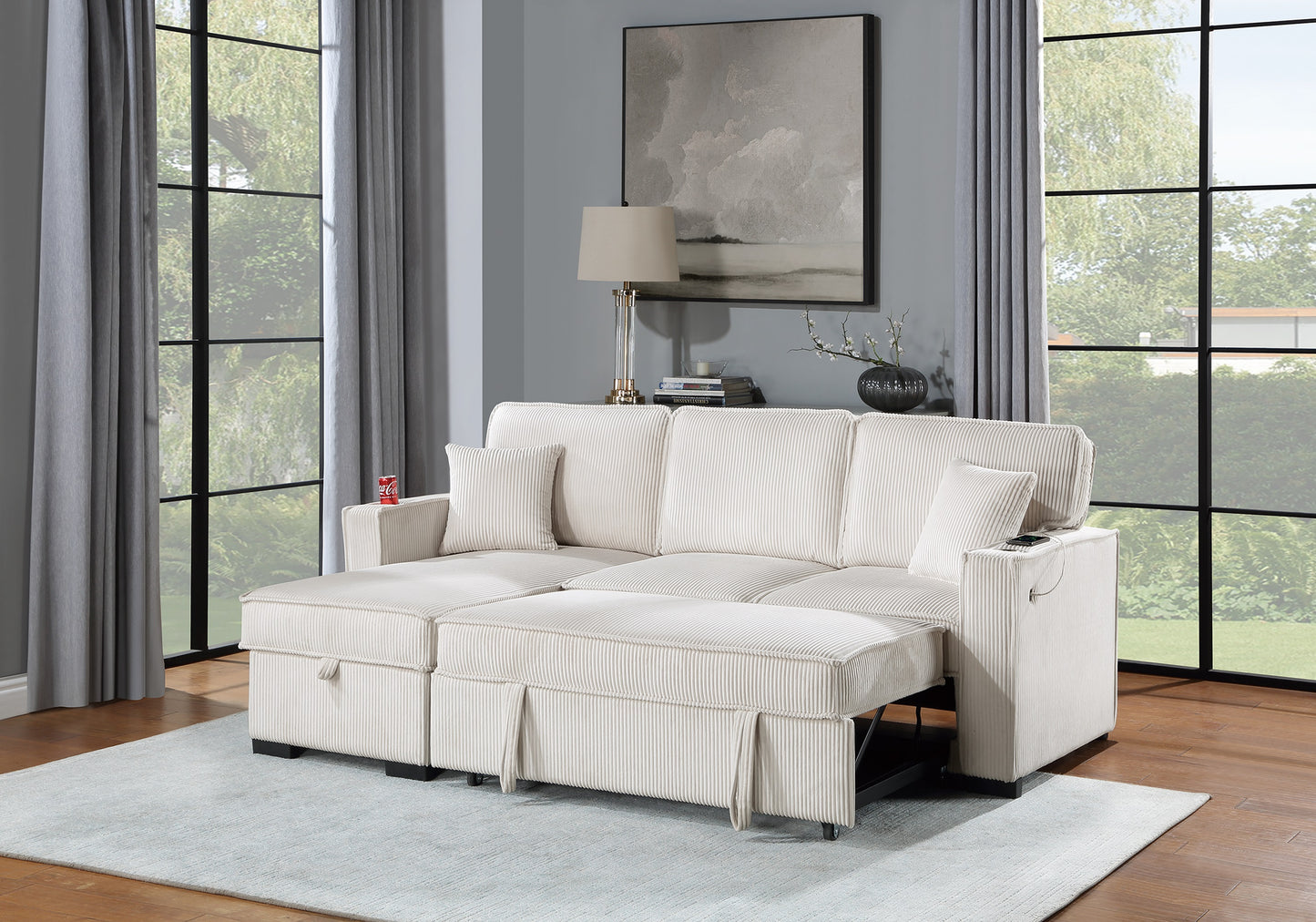 Cream corduroy sofa bed with pullout chaise and storage