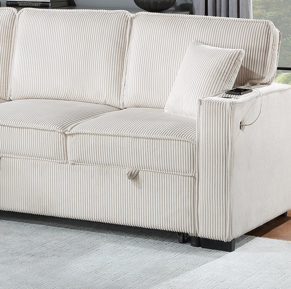 Cream corduroy sofa with integrated USB charging port on armrest