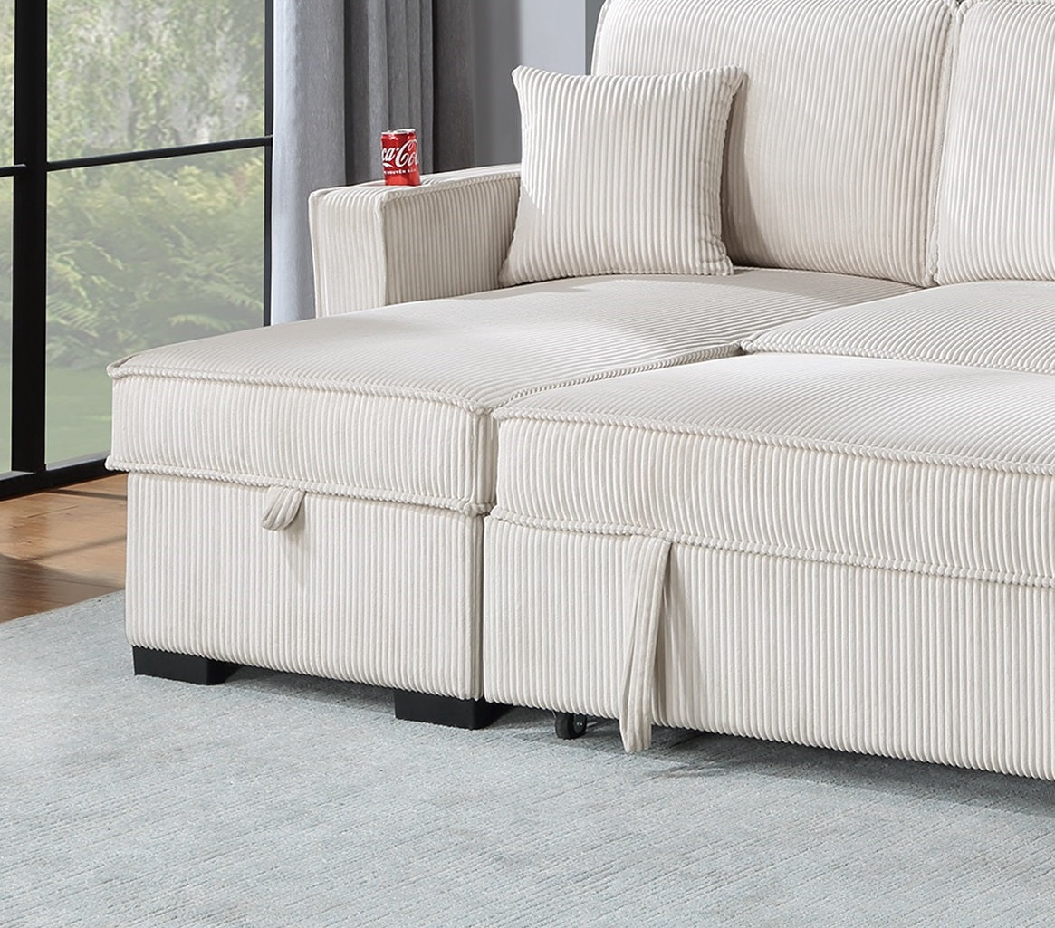 Cream corduroy sectional sofa with hidden storage compartment and plush throw pillow