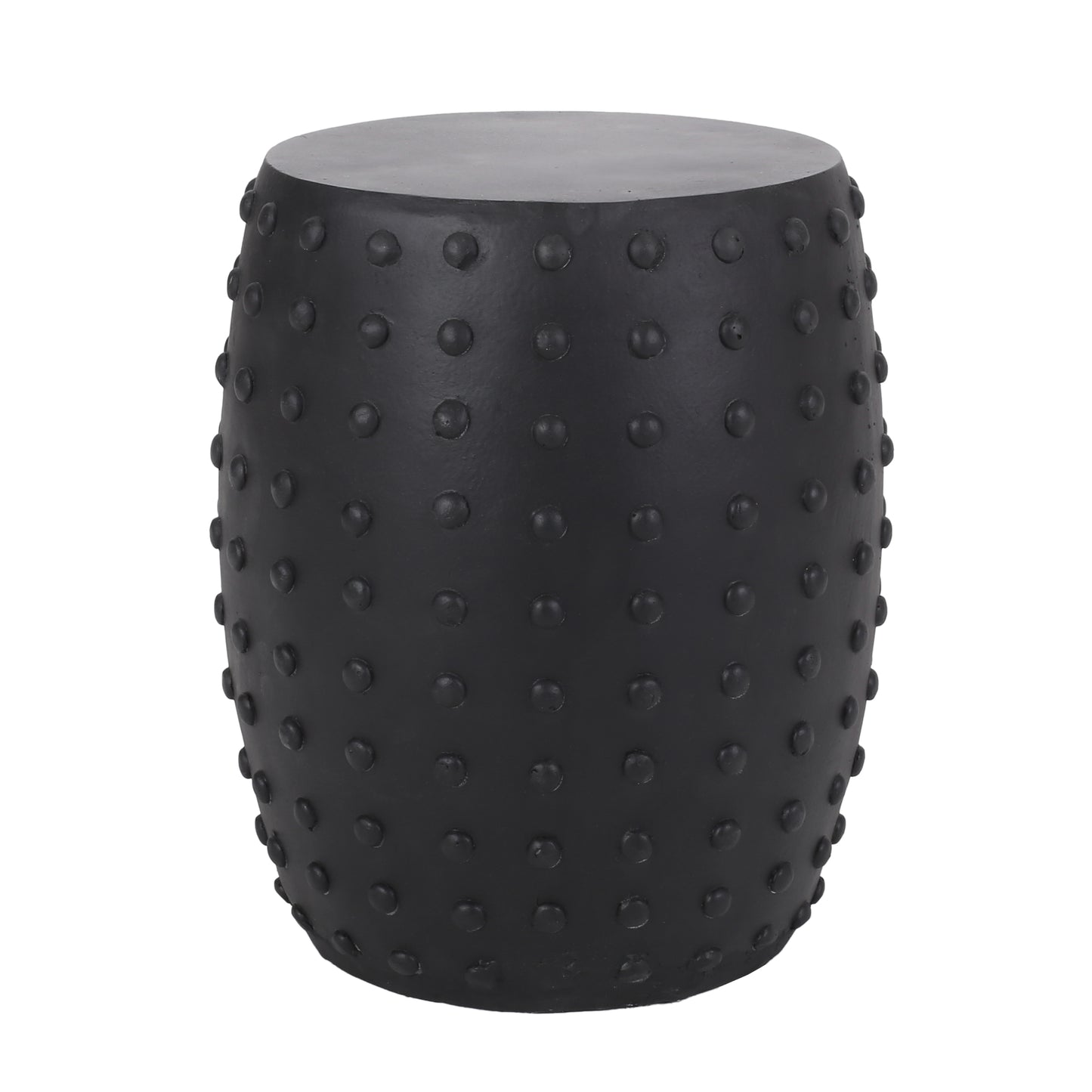 Black ceramic garden stool with raised dot texture and rounded top