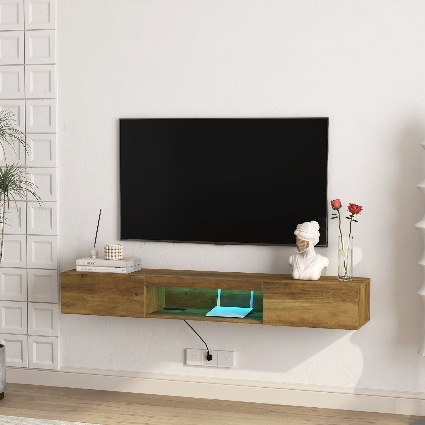Floating entertainment center in rustic oak with LED lighting perfect for modern living rooms
