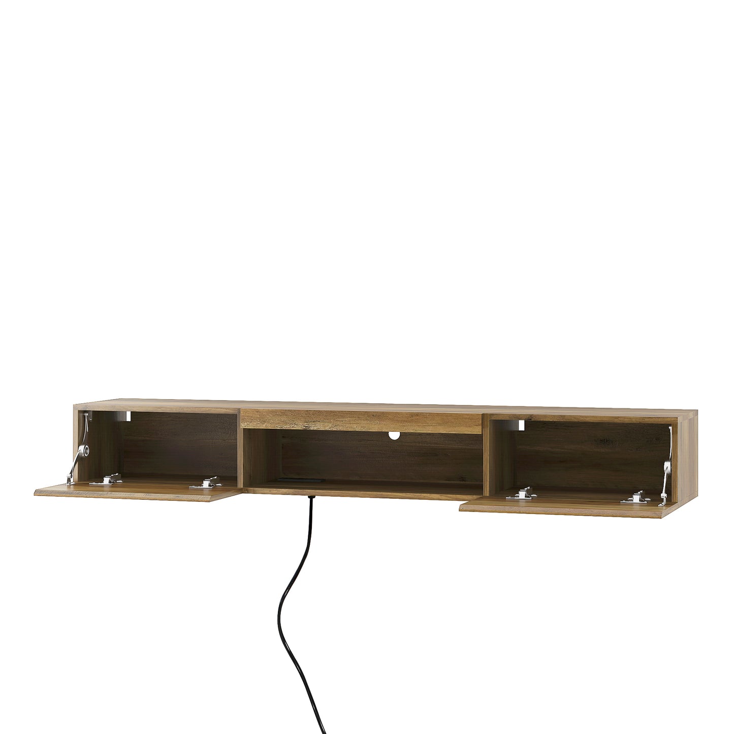 Floating media console in natural oak with three open compartments and two side doors open