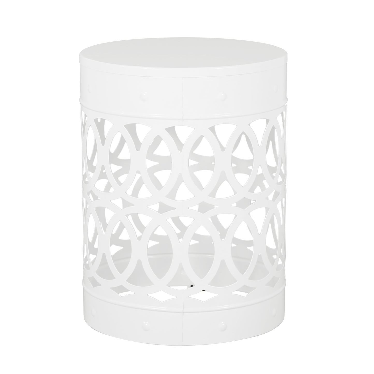 White round metal stool with an openwork geometric pattern side