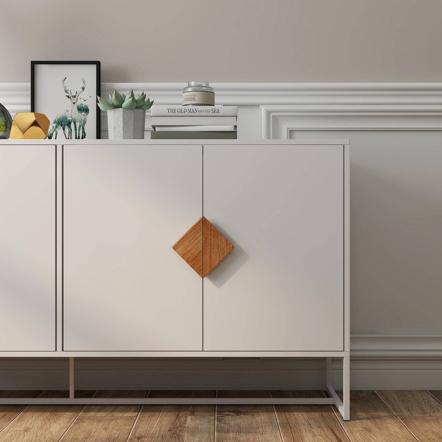 Modern white sideboard with wood diamond handle detail
