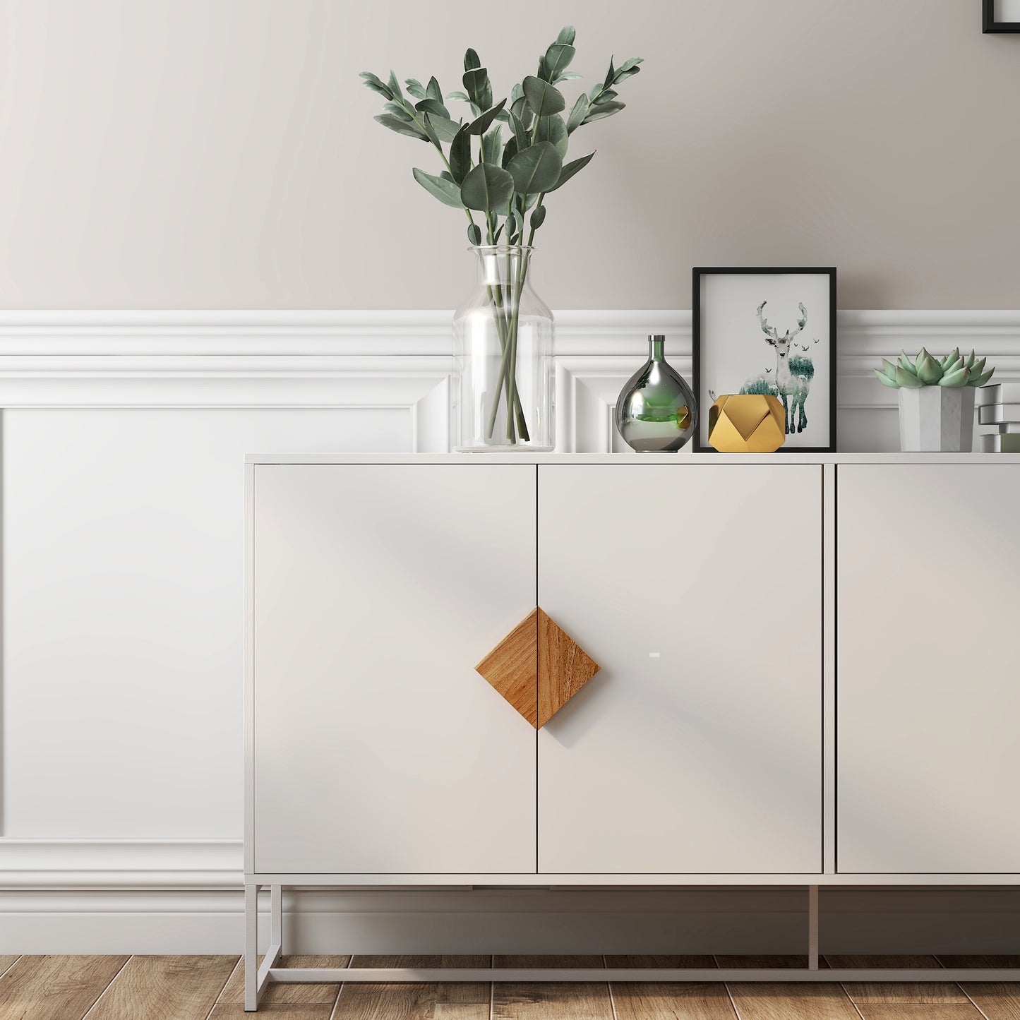 White twodoor sideboard with a diamondshaped wood grain handle on each door