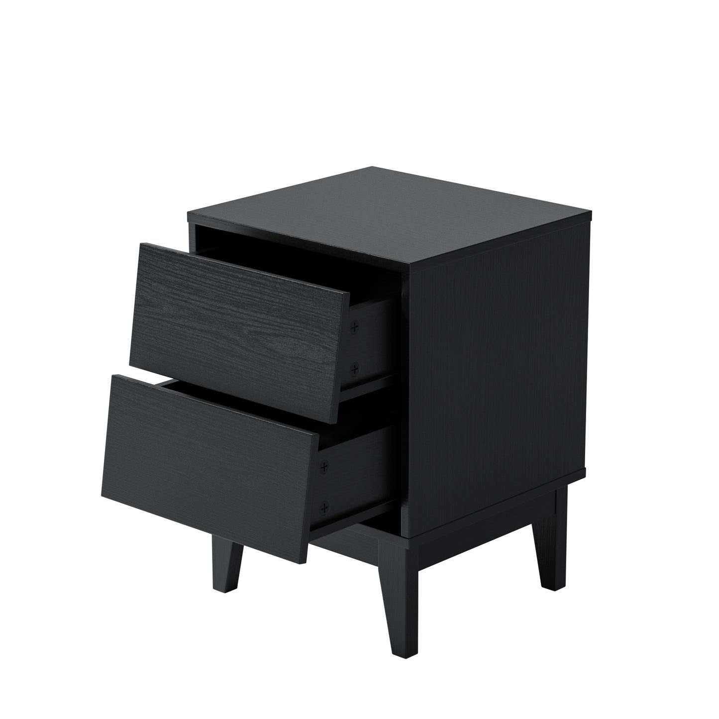 Sleek black nightstand with two drawers featuring a modern minimalist design and wooden texture