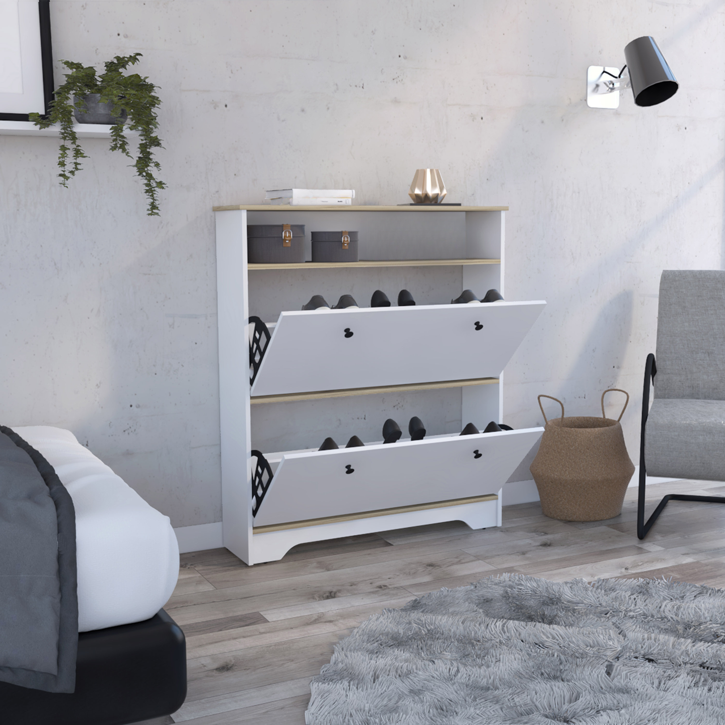 White shoe cabinet with three tiers and two flipdown compartments