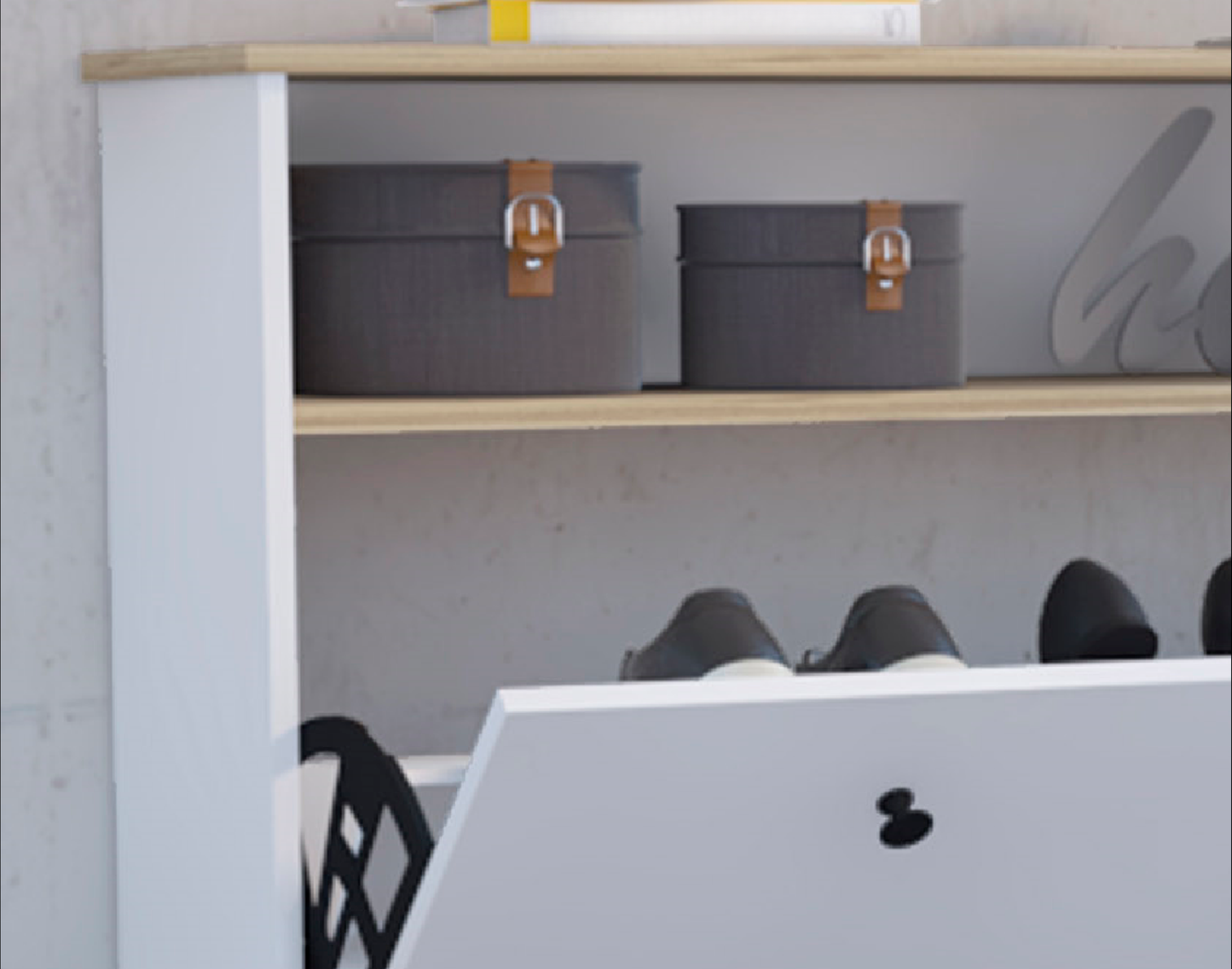 Dark gray storage box with leather buckle detail