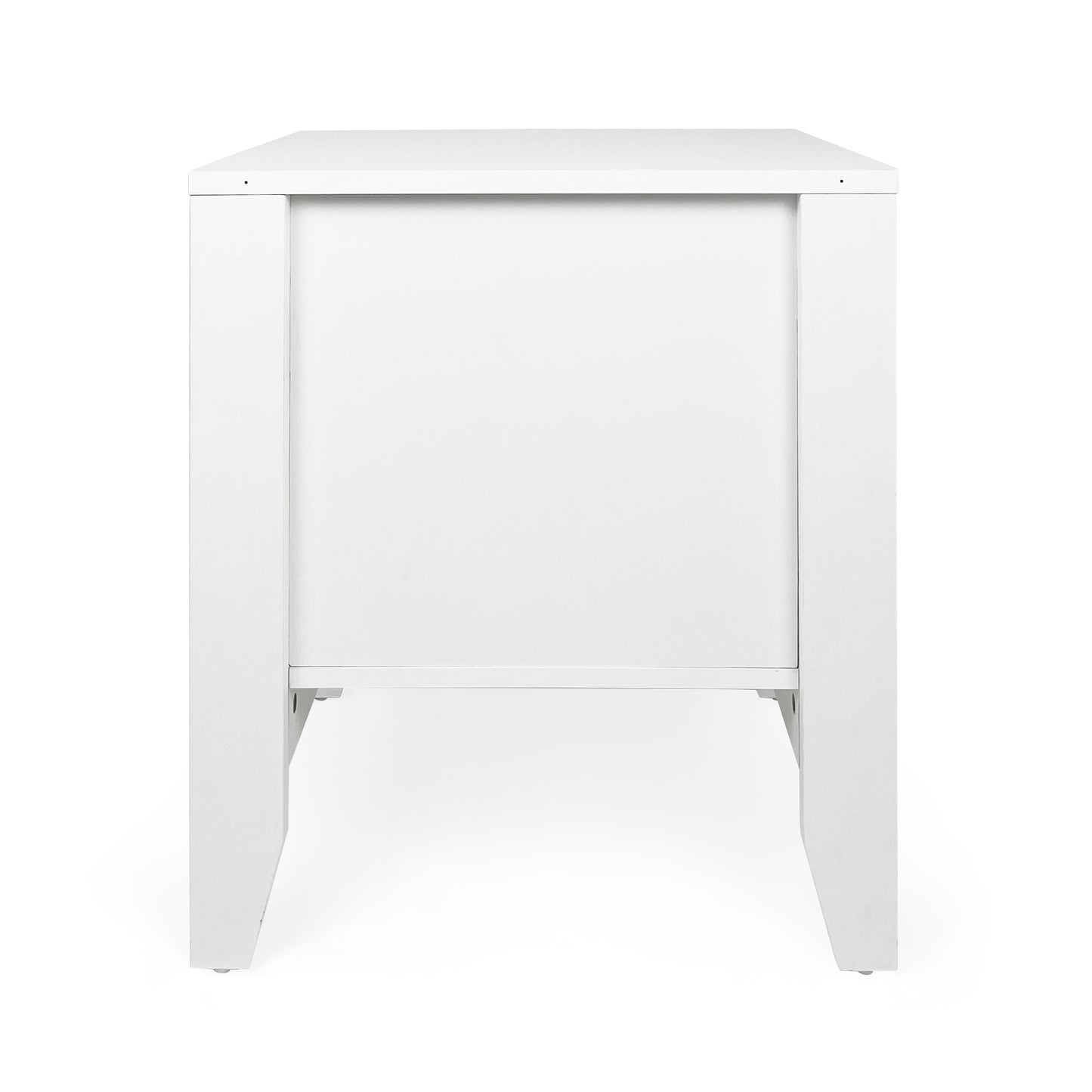 Minimalist white bedside table with clean lines and angled legs