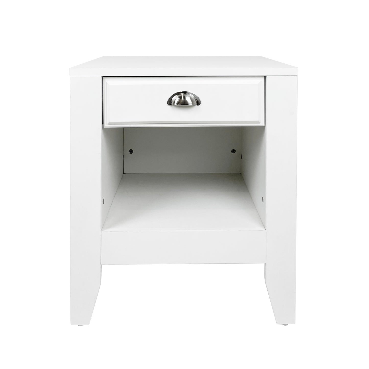 Modern white wooden nightstand with one drawer and open shelf